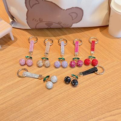 Blingbling Full Rhinestones Cherry Keychain High-end Bag Charm Rhinestone Car Keyring  Women