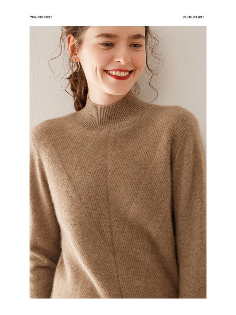 Women's Cashmere Half-High Neck Thick Knit Sweater for Autumn/Winter Warmth.