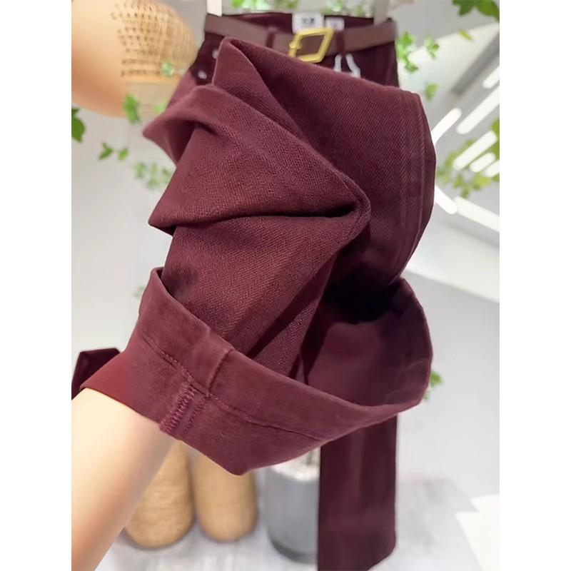 2024 Plus Size Red High Waist Wide Leg Jeans for Women - Autumn/Winter Slimming Straight Fit