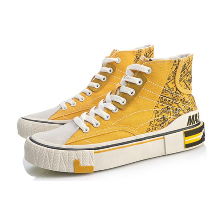 DISHINIMIQI X Li Ning Wave Canvas Hi Slip Resistant Abrasion Resistant High Top Skateboard Shoes Women's Yellow Black AGCQ202-3