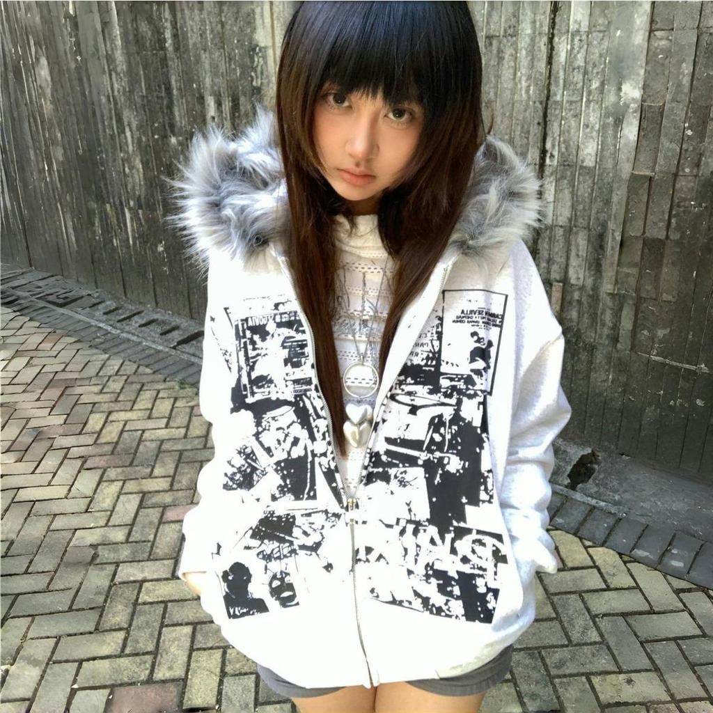 2KWEIRD Faux Coats Women Graphic Jacket with Hooded Fleece Fur Hoodie Edgy American Retro Street Style and Y2K Fashion Top