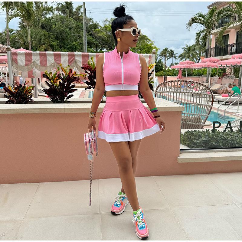 Fashion Casual Contrast Color Stitching Pleated Short Skirt Ladies Two-piece Summer Sports Stitching Ladies Suit High Street