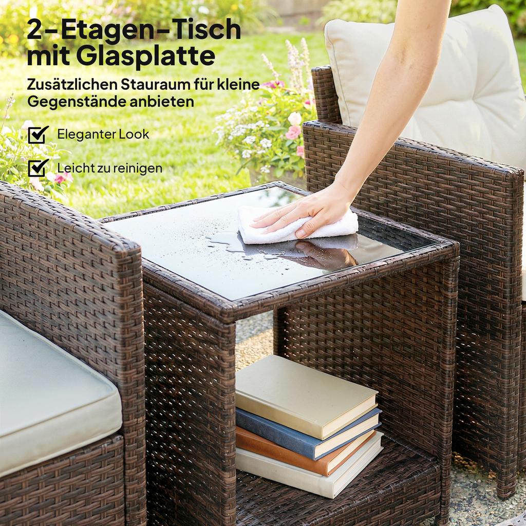 Rattan Bistro Set 3 Piece Garden Furniture Set With 2 Armchairs 2 Tier Glass Table Removable Seat Cushions Cream White