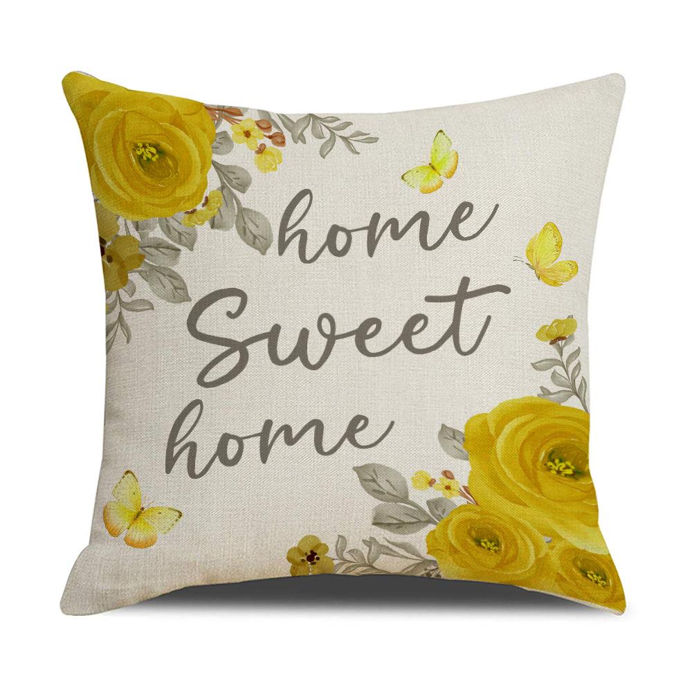 New Spring and Summer Gray Flowers Letter Linen Pillowcase Modern Sofa Cushion Bedroom Pillow