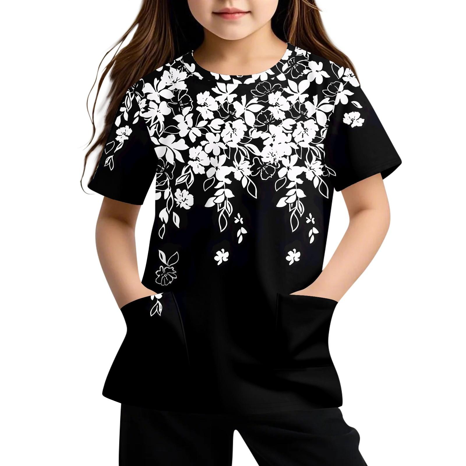 

Детская футболка с короткими рукавами и карманами, повседневная футболка с принтом, круглый вырез, блузка-пуловер 140 белый