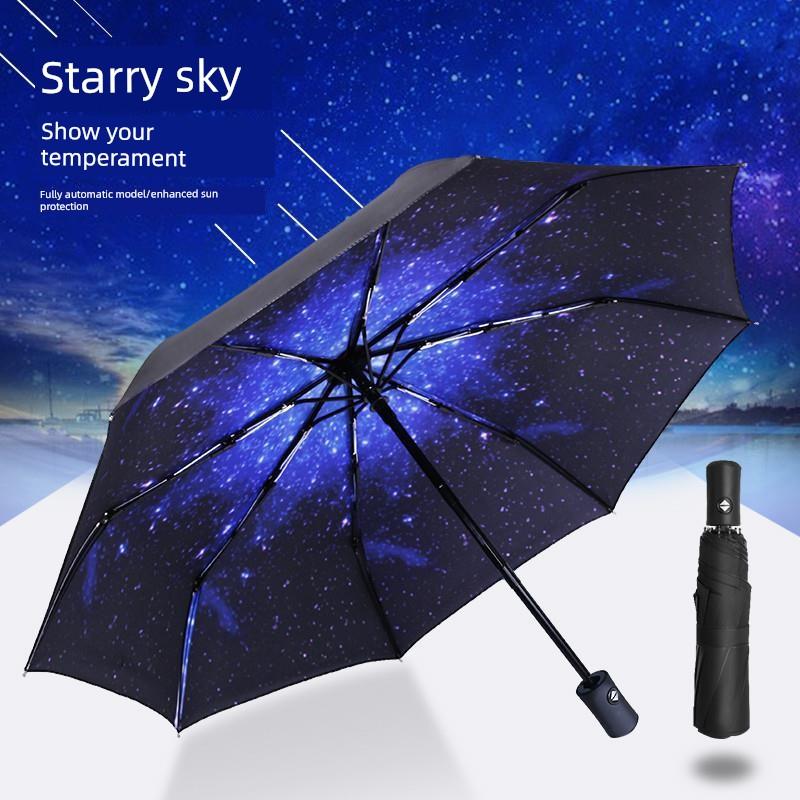 Sternenhimmel Student Vollautomatischer Vinyl-Falt-Doppelzweck-Sonnenschirm und Regenschirm für Damen und Herren, Sonnenschutz, UV-Schutz, Sonnenschutz