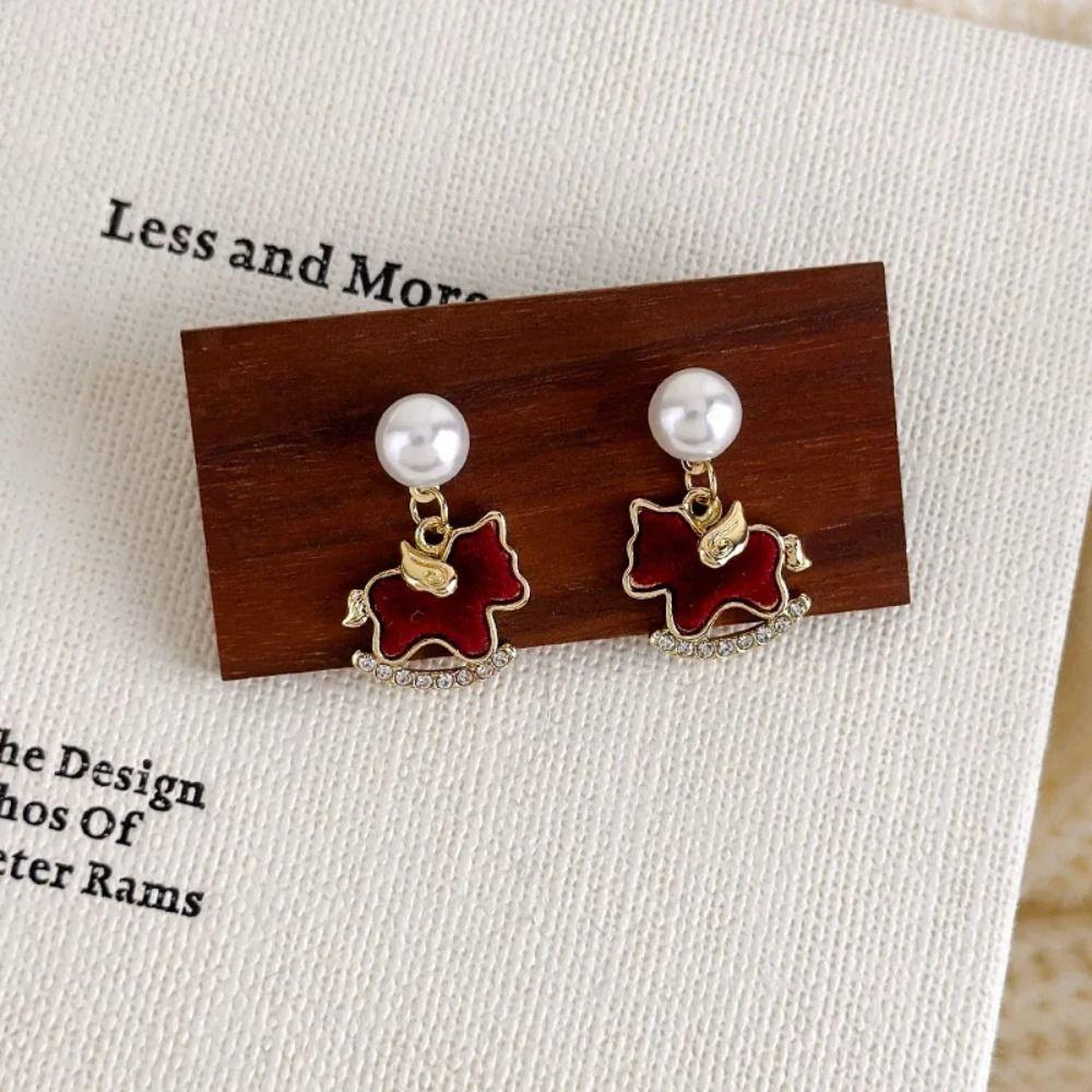 Rhinestone Zircon Horse Earrings Red Rocking Horse Earrings Cute Animal Earrings  Women Jewelry