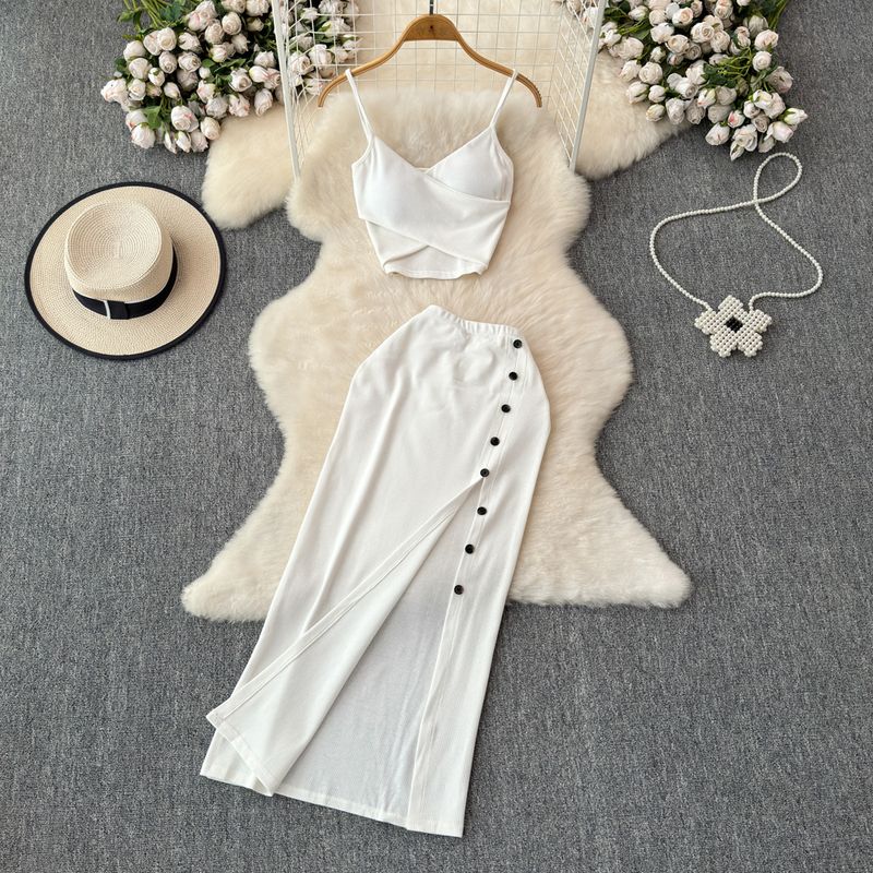 Fashion Suit Women's Summer Sexy Padded Strap Vest Two-Piece Set High Waist Slimming Slit Sheath Skirt