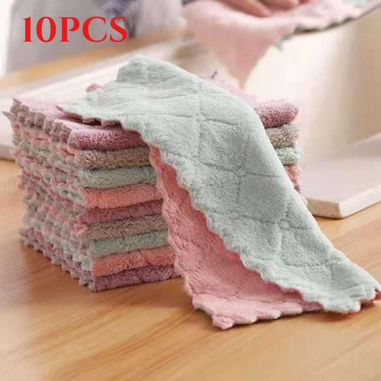 10PCS Double Sided Coral Fleece Cleaning Cloth Dishwashing Scrubber Household Cleaning Rag Multi Purpose Wipe 25*25CM 10PCS