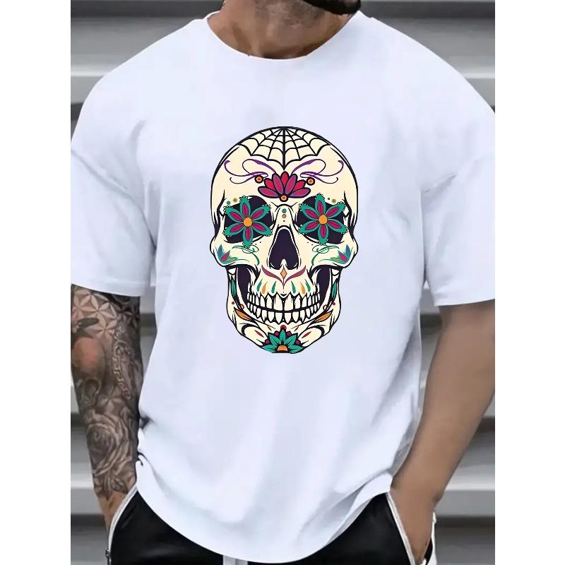 Men's Casual Round Neck T-Shirt, Fashionable Skull Print Short Sleeve Tee, Stretch , Loose Fit, All Seasons, Adult Top