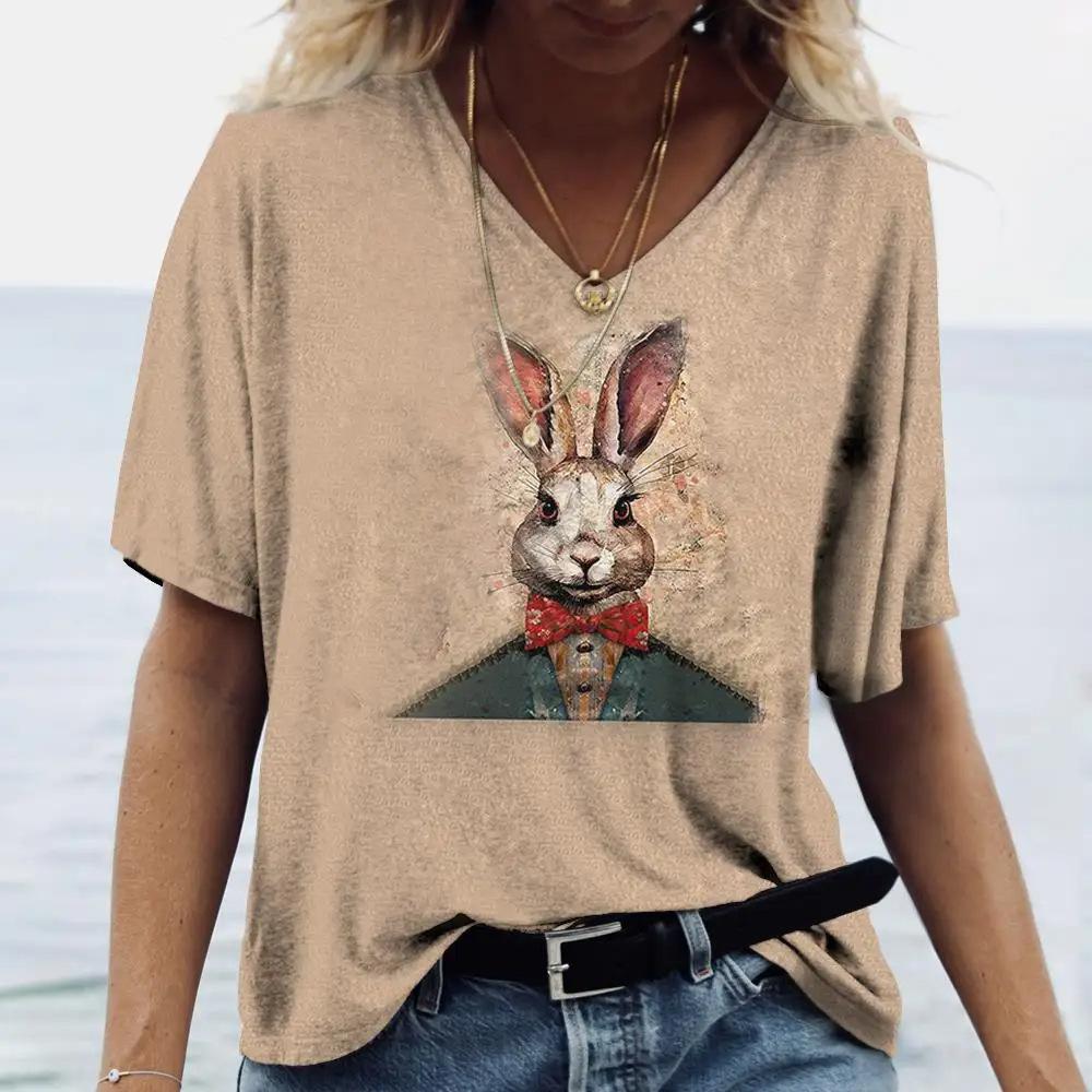 Ladies' V-neck T-shirt 3D Printed Animated Bunny Trendy Printed Short Sleeved T-shirt