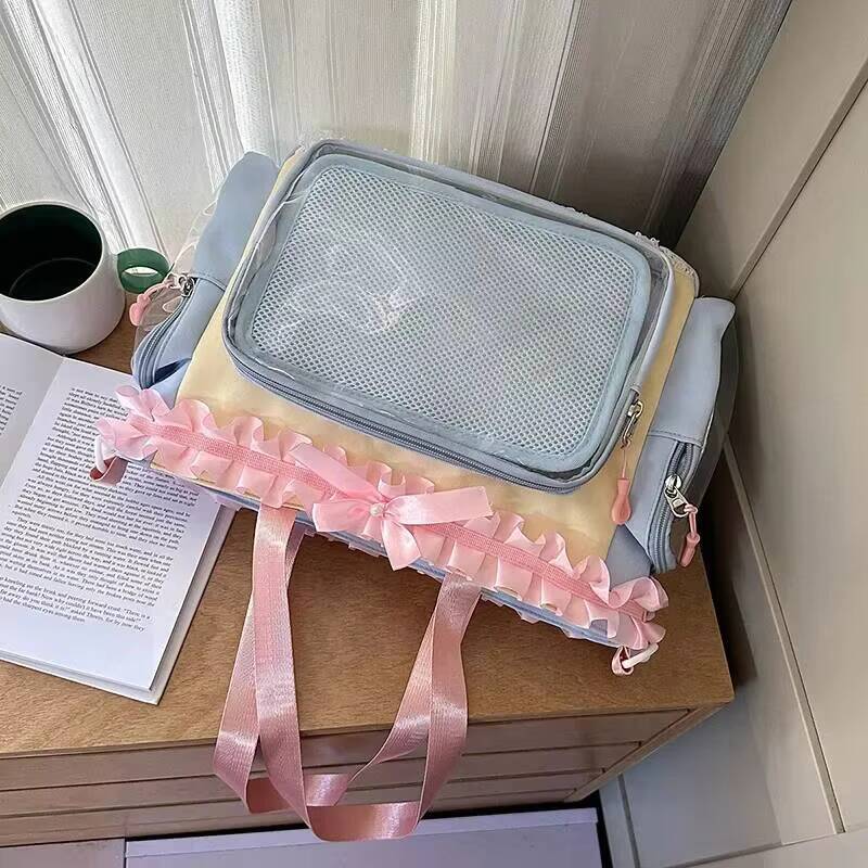 New Y2K Cute Lace Bow Ita Shoulder Bag Sweet Girl Transparent Pocket Women Large Capacity Tote Bag DIY Display Crossbody Handbag