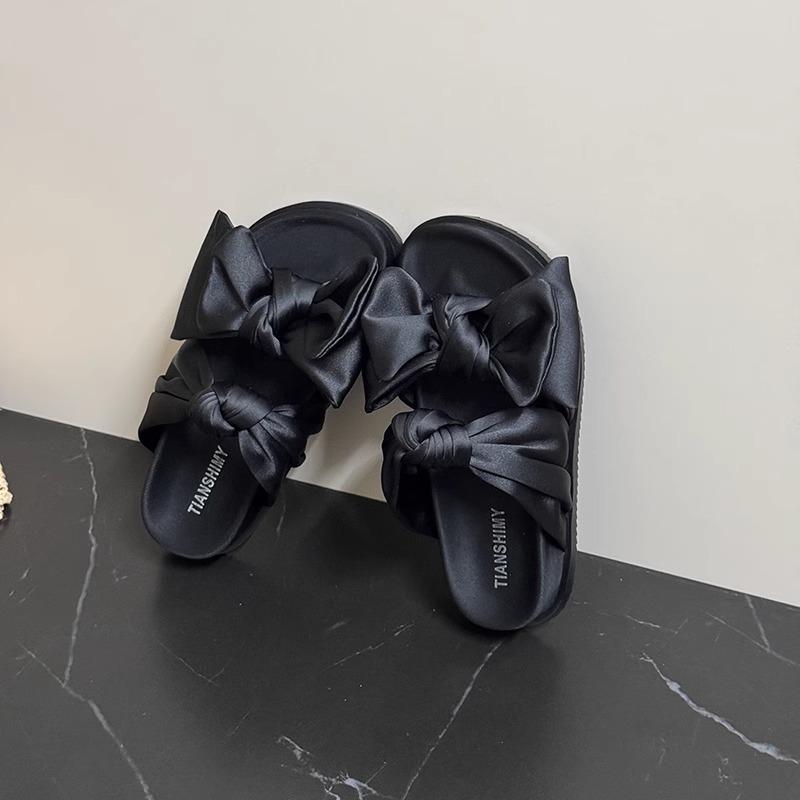 

Thick-bottomed bow-tie slippers for women s summer wear 2025 new non-slip hollowed-out breathable versatile beach cool slippers 35 чёрный