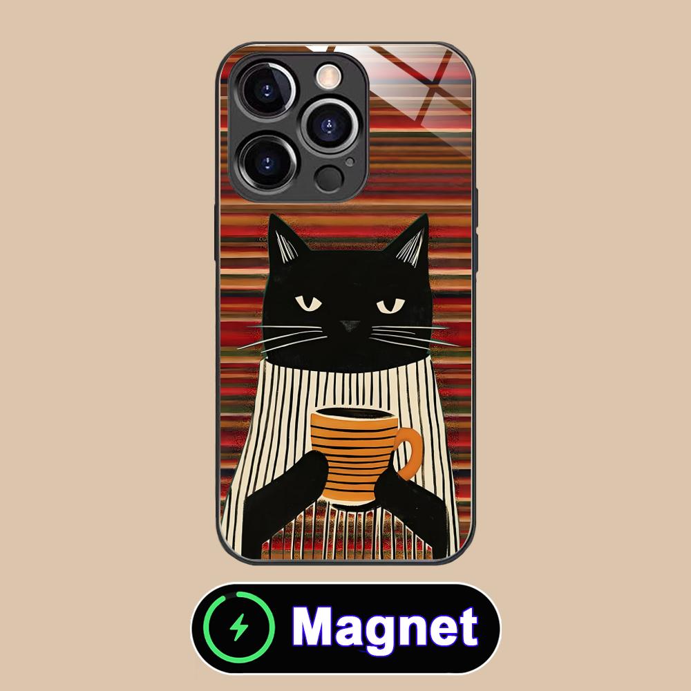

Cute Coffee Cat Glass MagSafe Mobile Phone Case for iPhone 17 16 15 14 13 12 11 Air Pro Max Plus Mini Colorful Cover iPhone 11 Pro Max