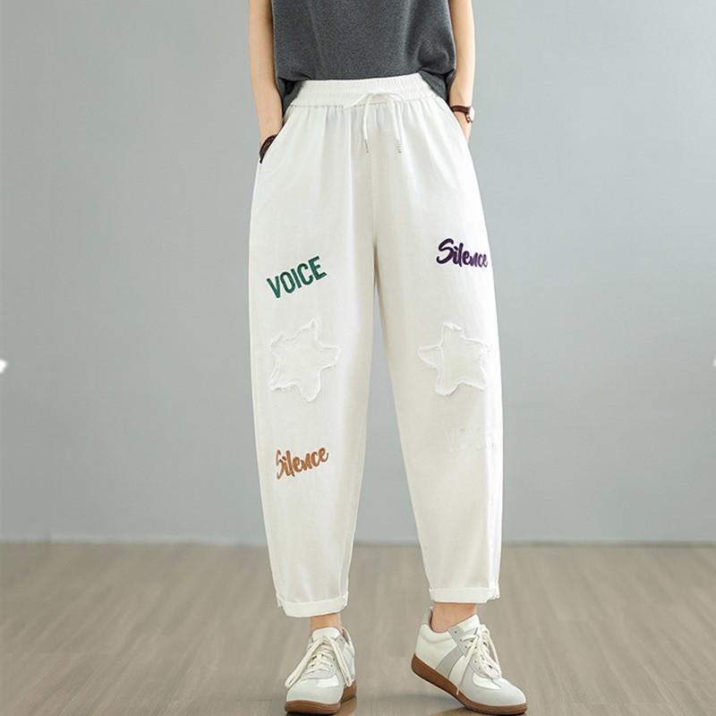 

Большие размеры Тонкие Винтажные вышитые высокие талии Повседневные свободные Женские летние джинсы джинсовые брюки-шаровары XXL бежевый