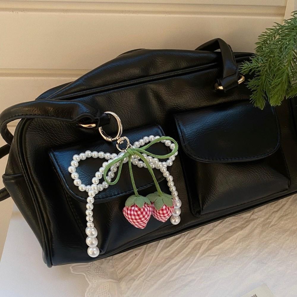 New Pearl Bowknot Strawberry Bow Keychain DIY Jewelry Style Pearl Bow Bag Accessories Mobile Phone Pendant Mobile Phone Chain
