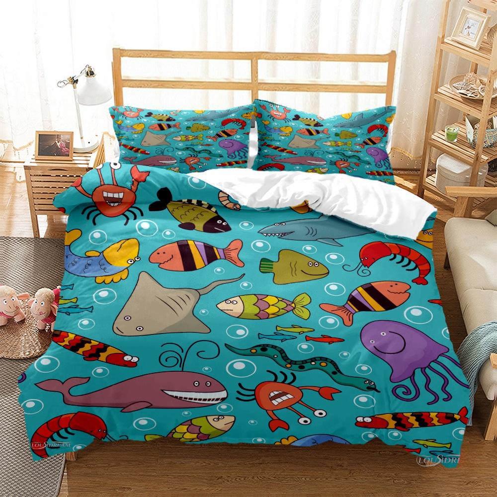 Cartoon Ocean Whale Dolphin Duvet Cover Kids Cute Kawaii Bedding Sets Soft Quilt Cover and Pillowcases Single_Double_Queen_King