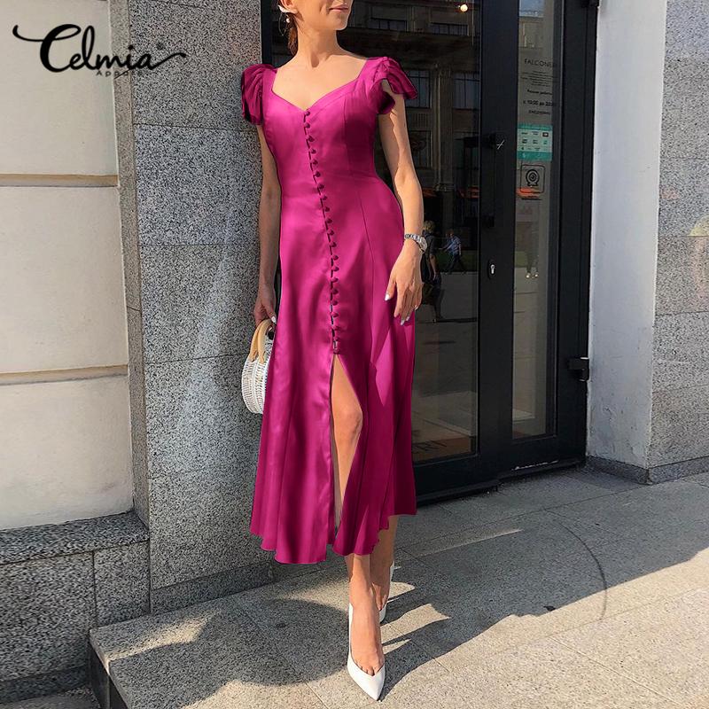 Celmia Verano Mujer Moda Seda Satén Fiesta Vestidos Largos Cuello - Main Image