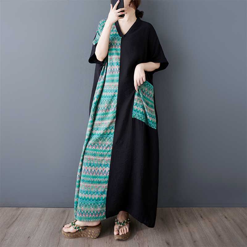 

Летнее хлопково-льняное платье с V-образным вырезом и короткими рукавами one size зелёный