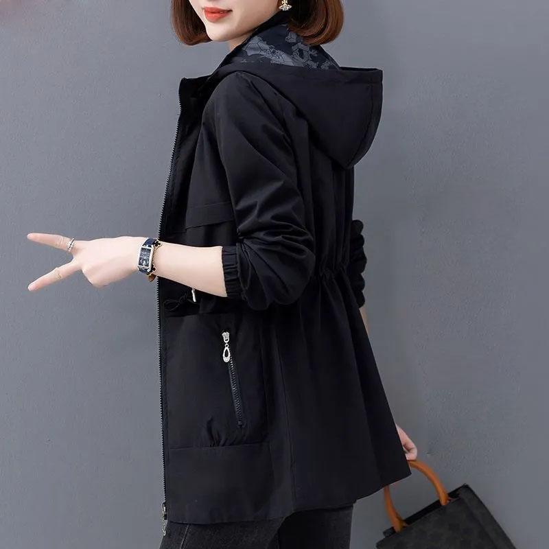 

Двусторонний тренч женский весенне-осенняя одежда с капюшоном с принтом средней длины куртка-ветровка женская верхняя одежда топы XXXXL чёрный