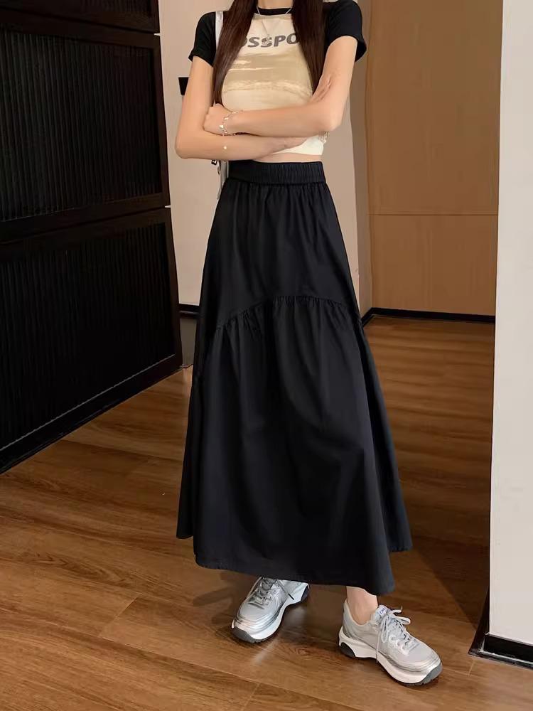 Petite Women's Pleated Patchwork Midi Skirt - 2024 Summer Korean Fashion, Elastic Waist