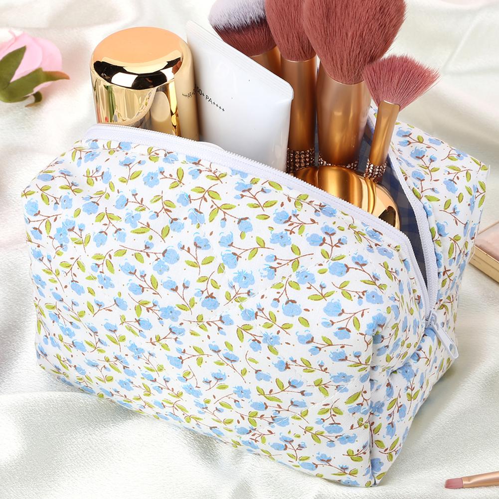 2PCS Cute Travel Toiletry Bag Large Capacity Cotton Makeup Brushes Storage Bag Quilted Makeup Bag with Zips for Women