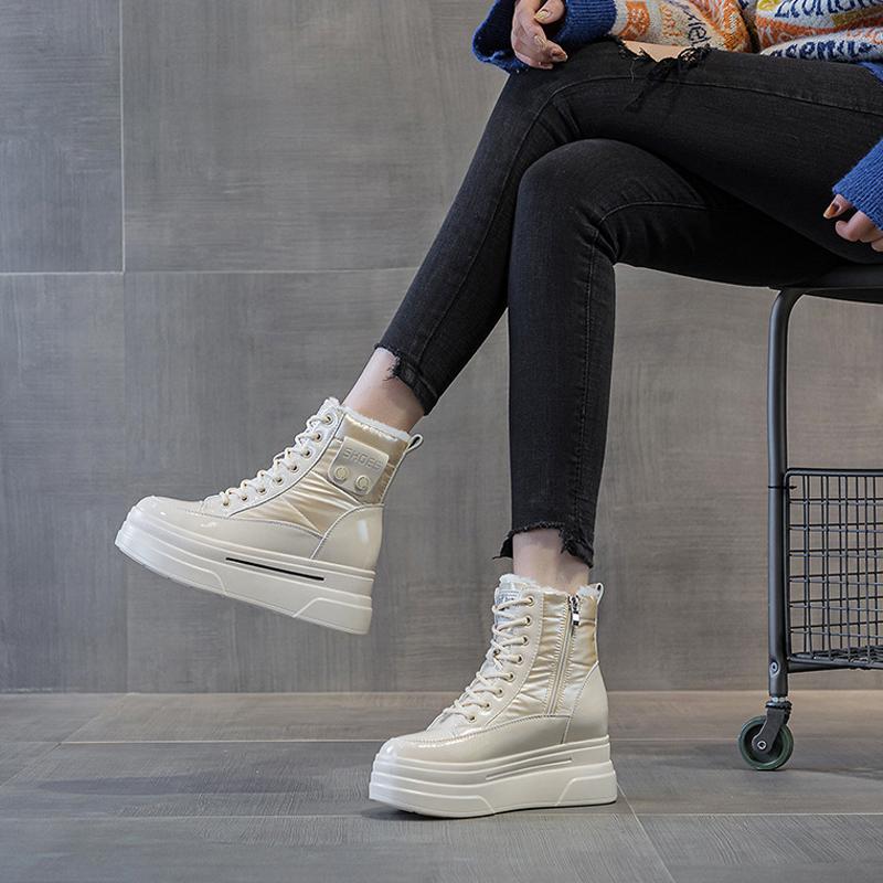 Winter Genuine Leather Shoes Women Snow Boots Waterproof Warm Cotton Shoes for Cold Winter Ladies Ankle Boots Non-slip Height Increasing 9cm