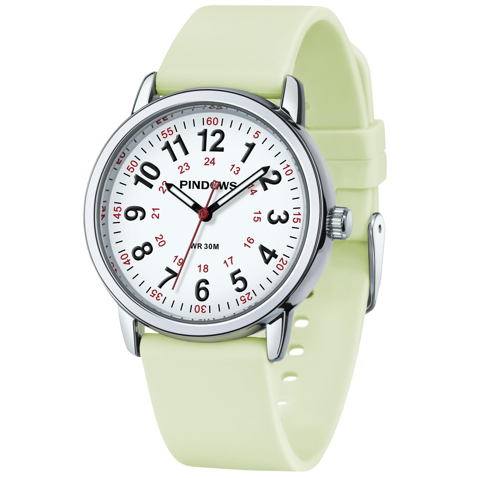 PINDOWS Women s Silicone Band Analog Quartz Wristwatch Unisex Luminous Dial 12/24 Hour Waterproof Suitable for Students High Visibility