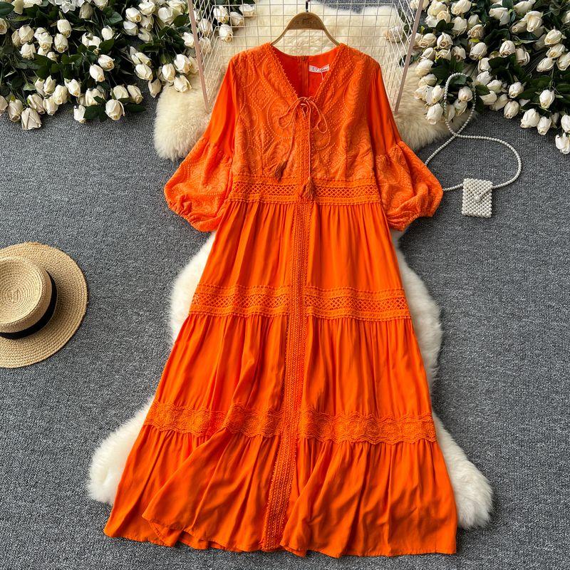 

Vintage V-neck Lantern Sleeve Lace Stitching A- line Dress Orange One size