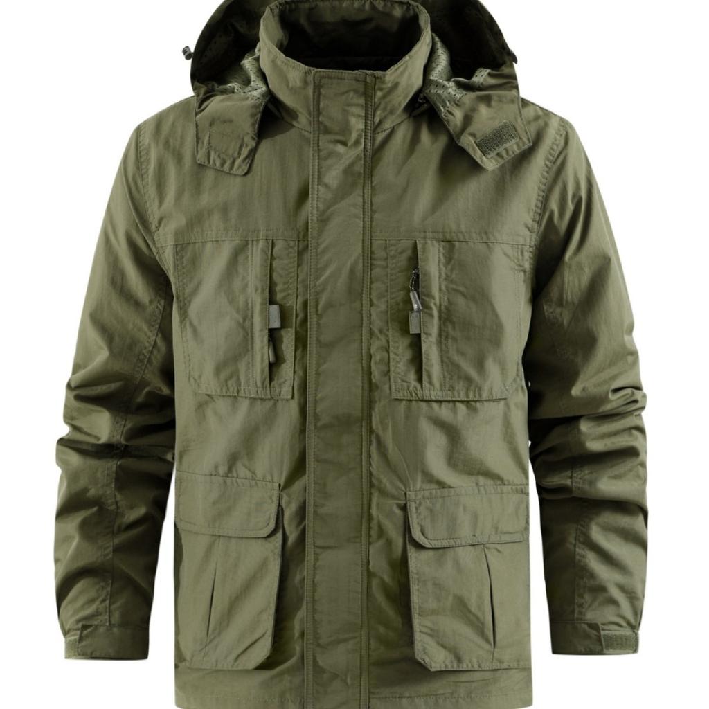 Spring and Autumn Men's Jacket Casual Stand-Up Collar Loose Jacket Multi-Pocket Middle-aged Removable Hat Outdoor Jacket