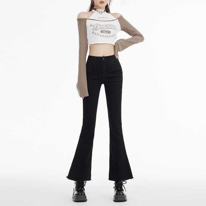 Autumn Winter Black Raw Edge Micro Flare Petite Eight Nine Points Casual Denim Pants Ladies Casual Pants Oversize Denim Trousers
