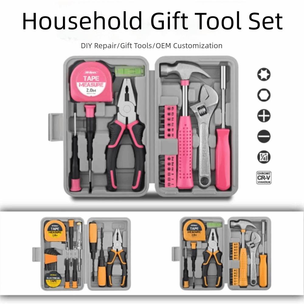Durable Pink/Yellow DIY Tool Kit Household Compact Hand Tool Kit Metal Toolbox Home Use