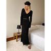 Women's New Solid Color Long Sleeve V-neck Slim Bodycon Knitted Maxi Dress Trendy Elegant Fashion Dresses