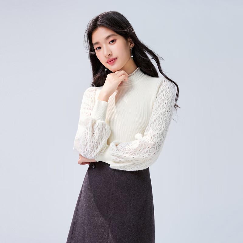 

Women s French Elegant Lace Patchwork Semi-High Neck Knit Sweater M