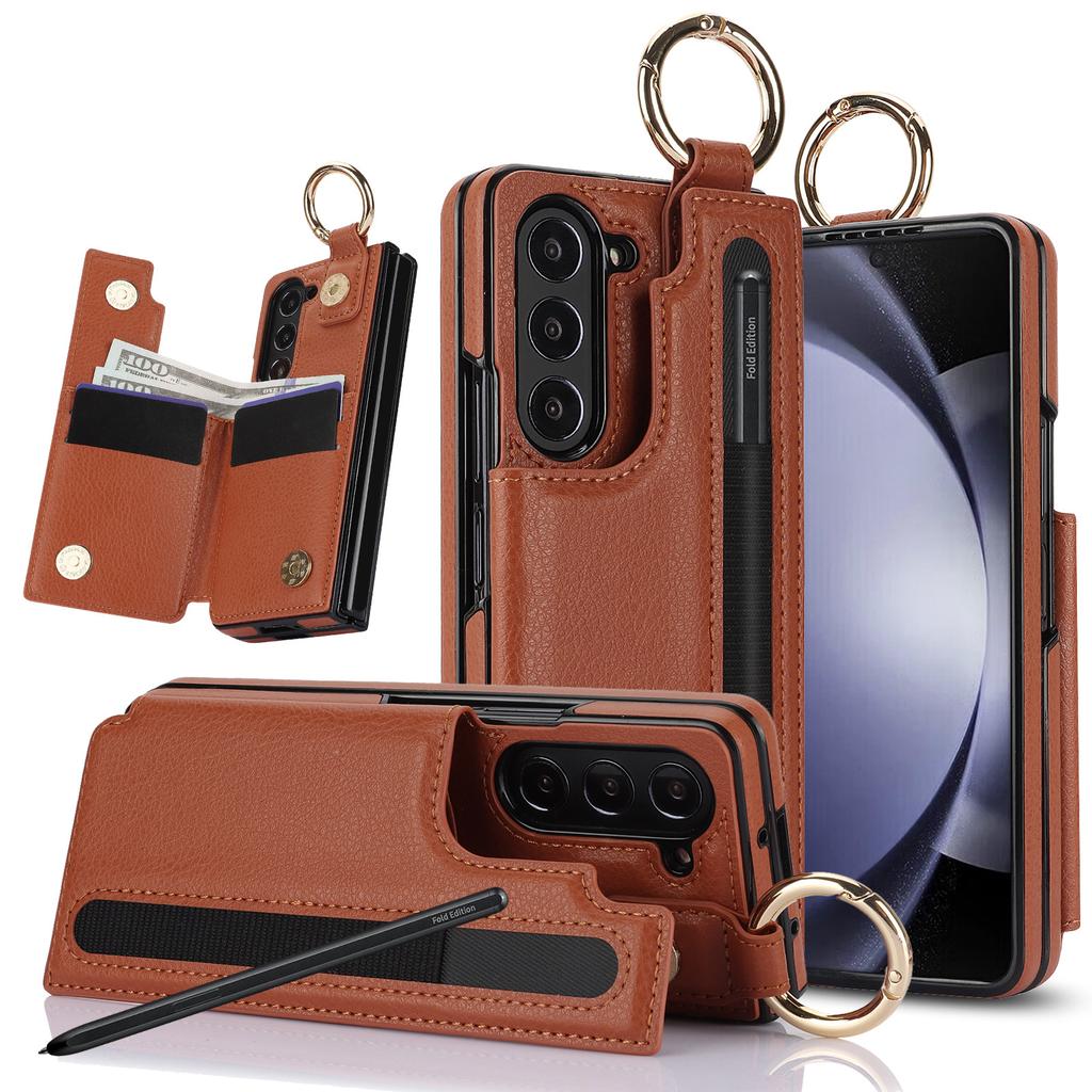 Fold7 Ring Leder Handyhülle für Samsung Galaxy Z Fold 7 6 5 4 3 Stifthalter Doppelschnalle Klapp-Kartenhalter Geldbörse Harte Abdeckung