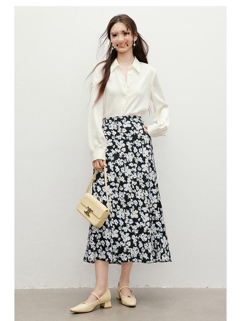 Hongxiu 2025 Glossy Lapel Drape Acetate Top - Spring/Autumn Women's Fashion Shirt