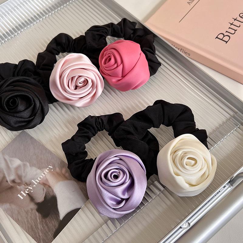 Fashion Handmade Satin Rose Flower Hair Ring Womans Elegant Headband High Elastic Rubber Band Tie Ponytail Hair Rope Headdress