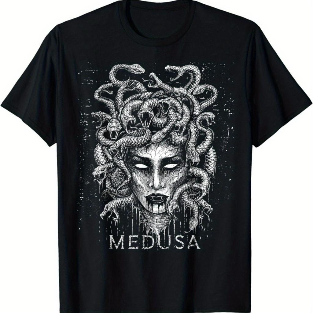Medusa Greek Mythology Graphic Cotton T-Shirt for Men and Women Short Sleeve Black with White Mythical Print Casual Summer Tee