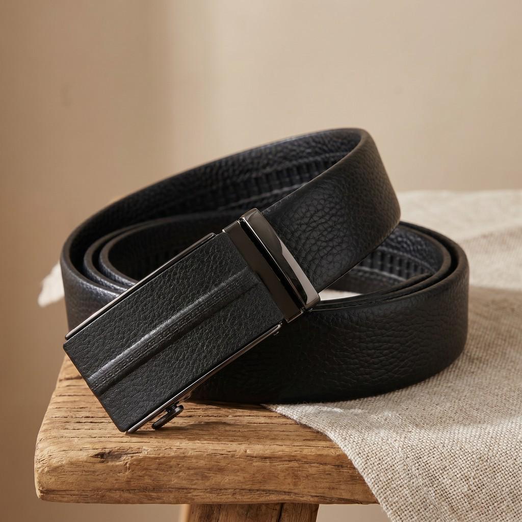 Men s Genuine Leather Automatic Buckle Belt - Fashion Casual Cowhide Waistband 115 cm