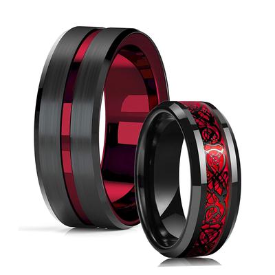 Anillos de Boda de Tungsteno Negro con Borde Biselado y Ranura Roja de 8 mm para Hombre Anillo Genial de Fibra de Carbono Roja con Incrustación de Dragón Celta Negro