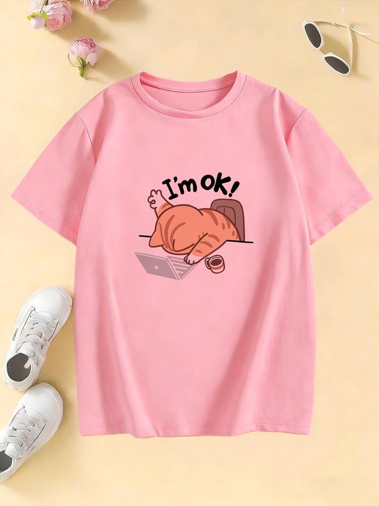 Funny I Am Ok Computer Cat T Shirts Manga Kids Childrens Tshirt Boys Girls Summer Spring Casual Top Tee