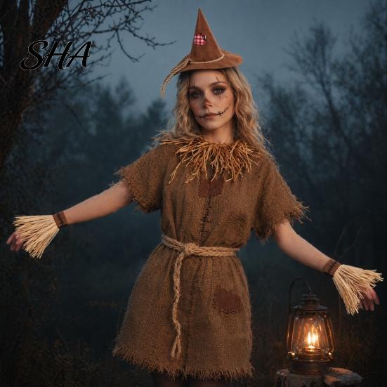 Elastic Headband for Costumes Scarecrow Costume Set, with Pointed Hat And Straw Retro Pieces Bracelets, Halloween Cosplay Farm Party Accessories