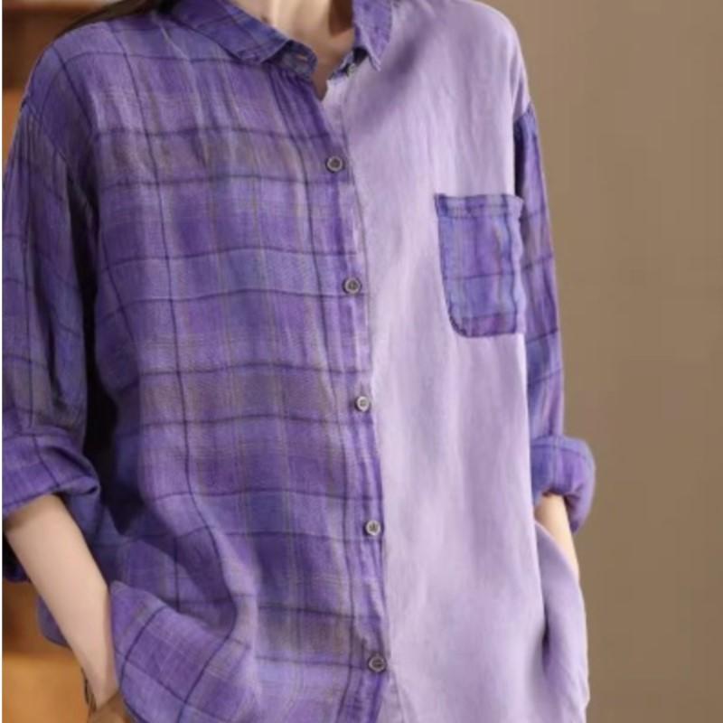 Johnature Woman Autumn Vintage Check Urn Down Collar Shirt Matching Single Breasted Long Sleeves Shirt