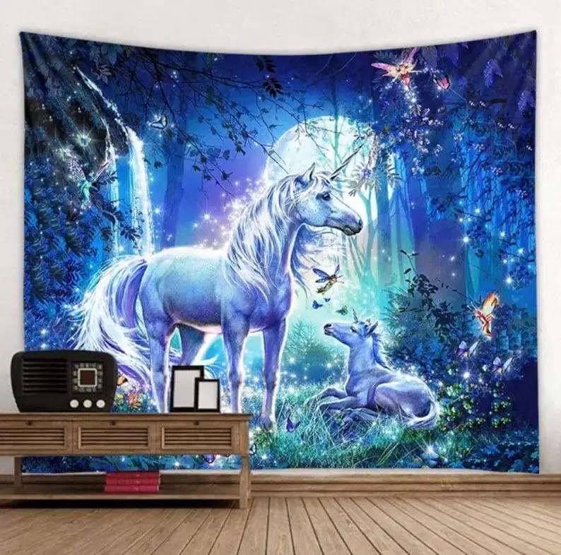 Unicorn Fantasy Tapestry  Enchanted Castle Wall Art Dreamy Magical Tapestries for Home Decor