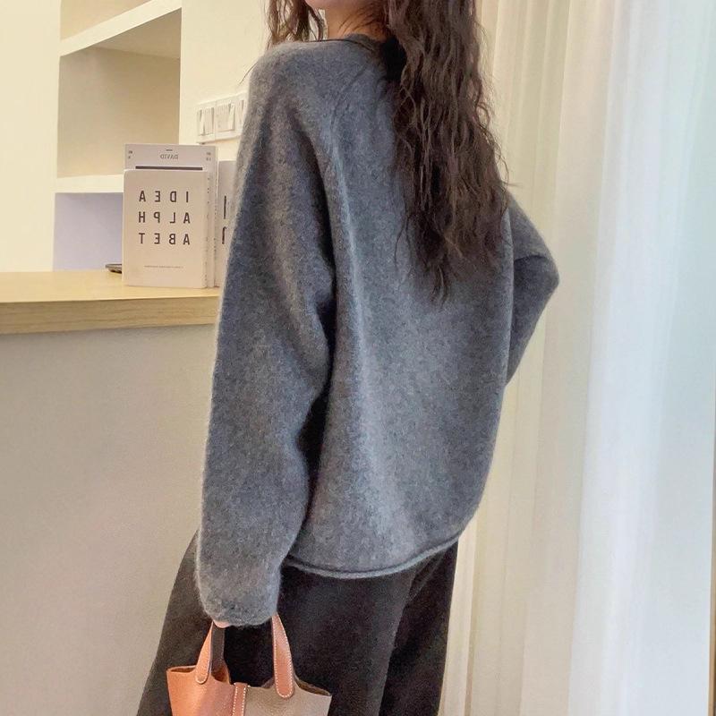 Women's Autumn Cashmere Crew Neck Lace Trim Knit Top