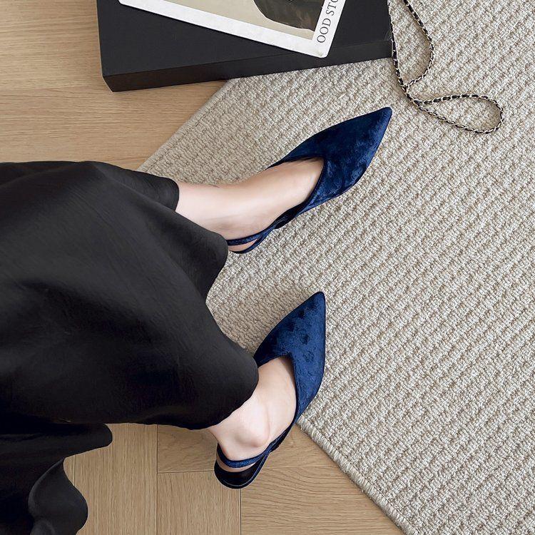French Gentle Pointed Blue Velvet Single Shoes 2025 New Sandals with Half Bag Head Shallow Mouth High-end Shoes Women
