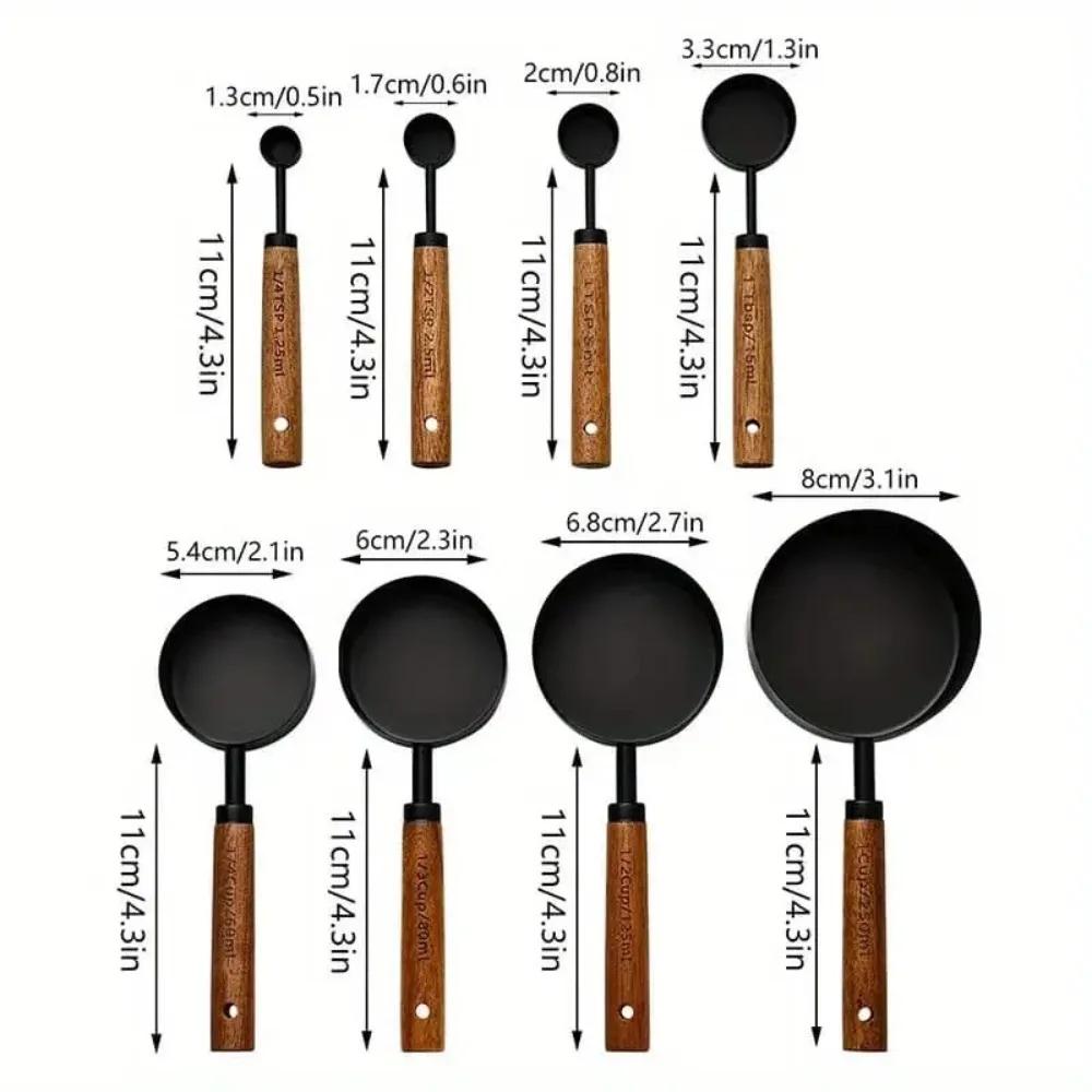 8-Piece Measuring Cup and Spoon Set with Wooden Handles Stainless Steel Measuring Cup Baking Tools Coffee Measuring Spoon Set