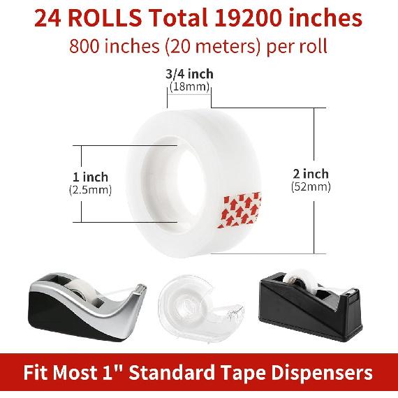 24 Rolls Invisible Tape Refills for Dispenser, Bulk Matte Finish Translucent Tape, 3/4 x 800 Inches, Engineered for Office School Home Repairing
