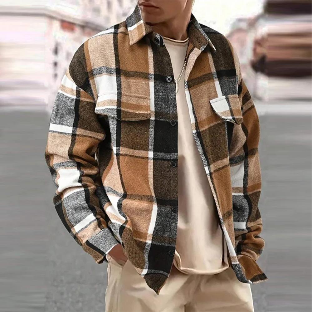 Neues Leichter Luxus Herrenhemd Koreanische Urbane Mode Retro Langarm Tasche Strickjacke Tops Hohe Qualität Verdicktes Karo Bluse S-2XL