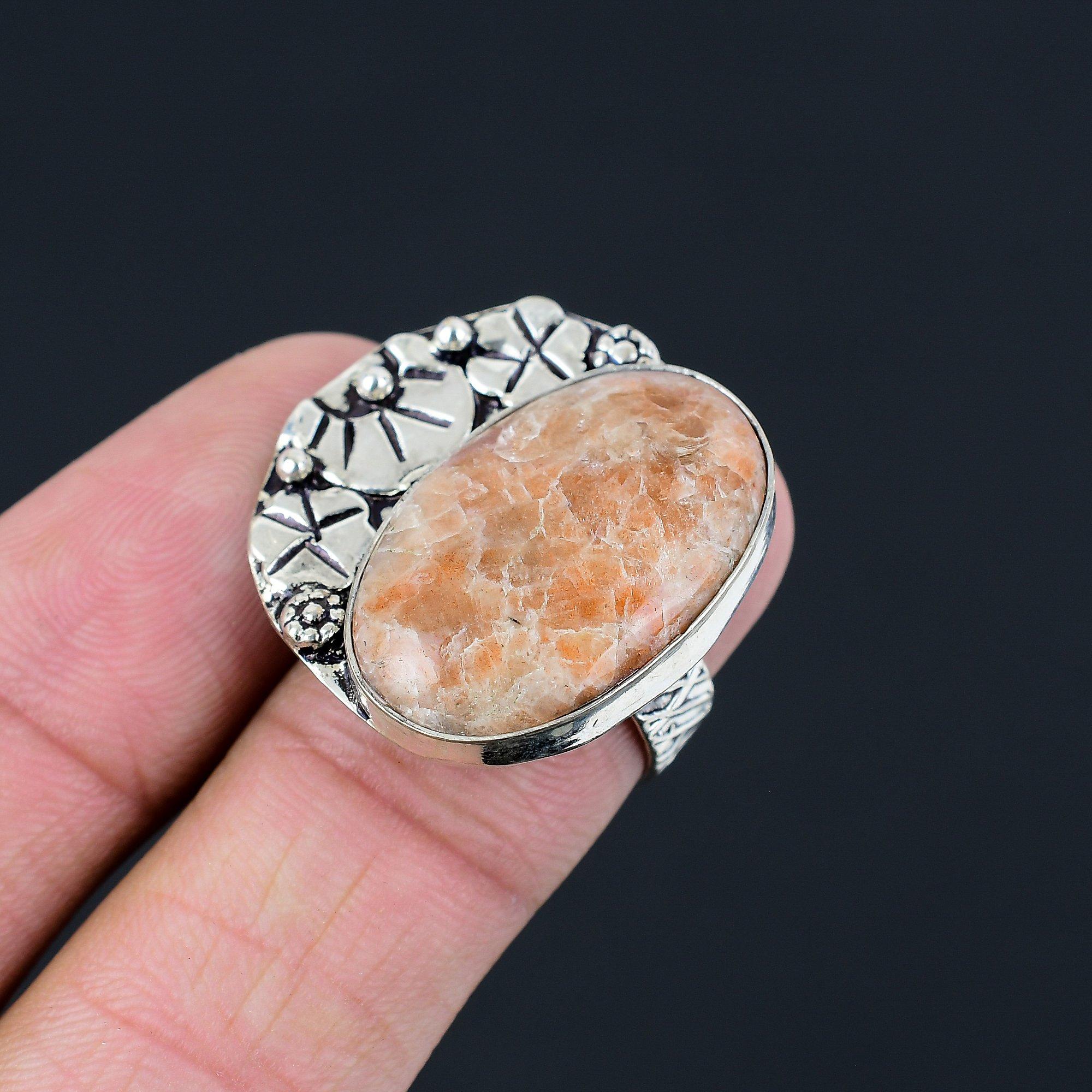Natural Sunstone Statement Sacral Chakra Ring Jewelry 925 Sterling Silver US 7 7